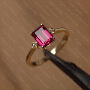 lab ruby ring emerald cut gemstone ring July birthstone ring yellow gold ring for her image 2