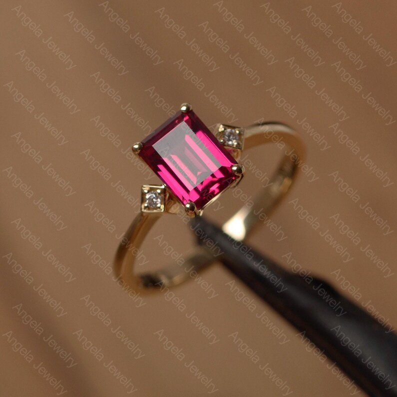 lab ruby ring emerald cut gemstone ring July birthstone ring yellow gold ring for her image 2