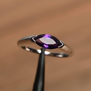 natural purple amethyst anniversary ring east west marquise cut ring sterling silver February birthstone