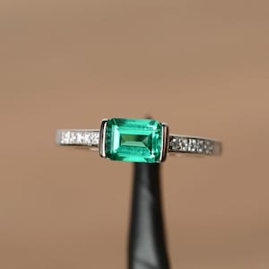 lab emerald engagement ring sterling silver emerald shaped gemstone May birthstone ring