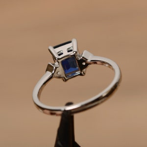 Blue sapphire engagement ring September birthstone emerald cut simple wedding ring image 2