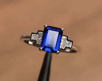 rectangle sapphire anniversary ring emerald cut September birthstone ring