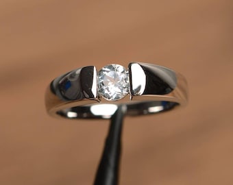natural white topaz ring topaz promise ring round cut gemstone sterling silver ring