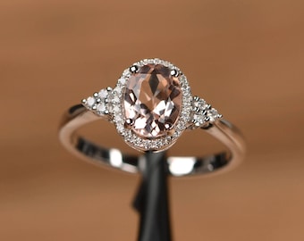 natural morganite halo wedding ring sterling silver oval shaped engagement ring