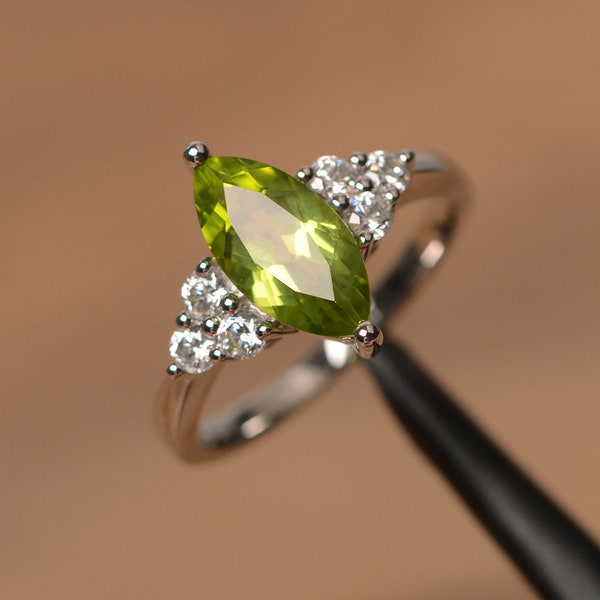 natural peridot ring peridot promise ring August birthstone marquise cut green gemstone sterling silver ring