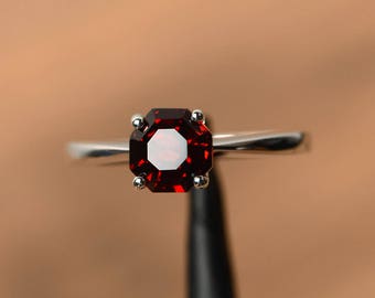 natural red garnet rings January birthstone octagon cut rings silver rings unique ring