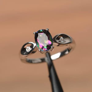 anniversary ring real mystic topaz ring oval cut gemstone rainbow gems sterling silver ring