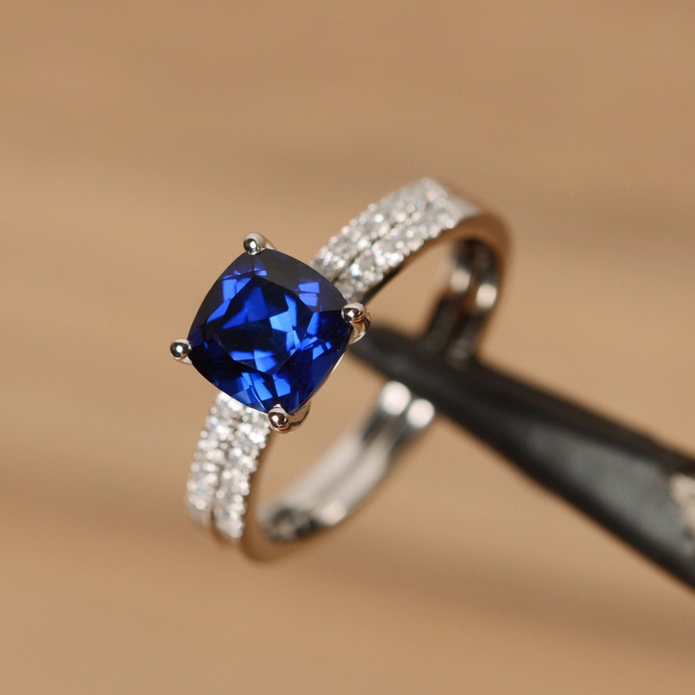 Blue Sapphire Ring Engagement Sterling Silver Cushion Sapphire - Etsy ...