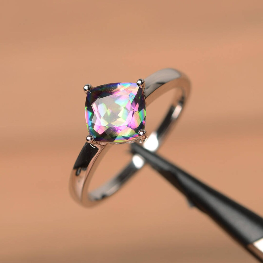 Mystic Topaz Anniversary Ring Cushion Cut Rainbow Topaz Solitaire ...