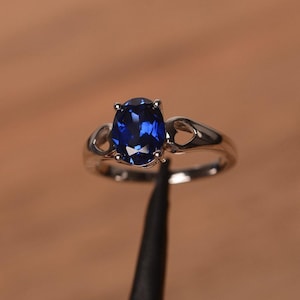 lab sapphire ring oval cut sterling silver solitaire wedding ring September birthstone blue gems ring