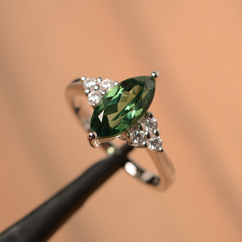 green sapphire ring green marquise cut gemstone ring white gold engagement ring