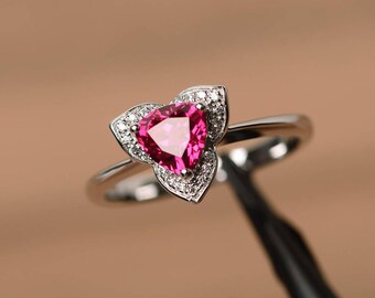 trillion cut ruby ring sterling silver anniversary ring red gemstone July birthstone