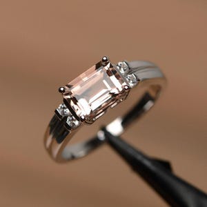 natural morganite ring emerald cut pink gemstone ring white gold engagement ring image 1