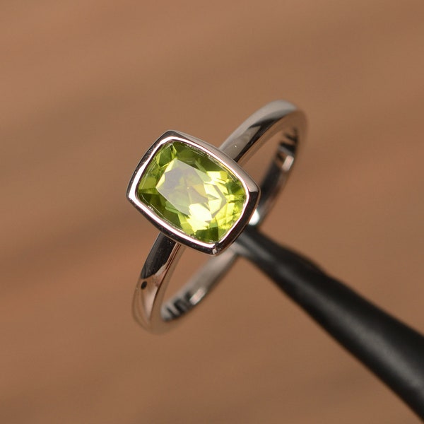 peridot anniversary ring natural peridot ring August birthstone cushion cut green gemstone sterling silver bezel setting ring