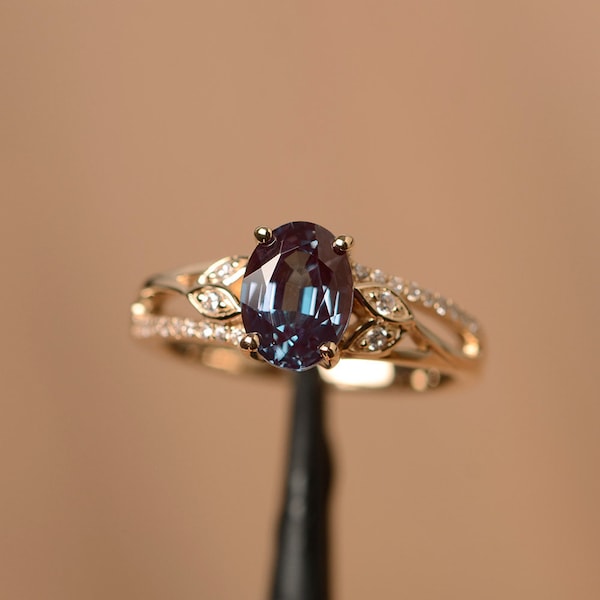 14K yellow gold alexandrite engagement ring oval cut color changing branch ring June birthstone