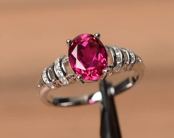 ruby ring anniversary ring July birthstone ring oval cut red gemstone sterling silver ring