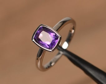 natural purple amethyst ring silver solitaire ring February birthstone ring