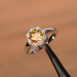 round citrine promise sterling silver floral milgrain ring November Birthstone