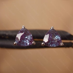 Alexandrite earrings, trillion cut,alexandrite stud earrings, color changing stone studs, sterling silver earrings for women