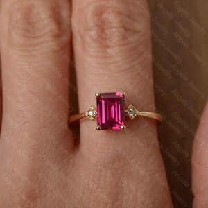 lab ruby ring emerald cut gemstone ring July birthstone ring yellow gold ring for her image 5