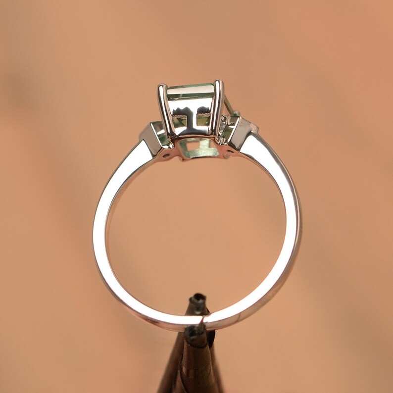 green sapphire ring emerald cut teal gemstone white gold wedding ring