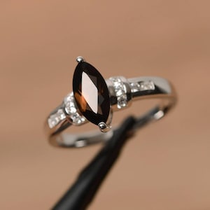 natural smoky quartz ring anniversary ring marquise cut brown gemstone sterling silver ring