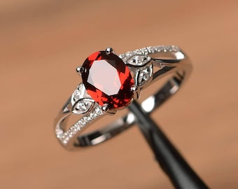 natural garnet ring January birthstone oval cut red gemstone ring sterling silver engagement ring