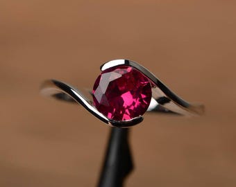 bypass ruby ring July birthstone round cut bezel setting sterling silver solitaire engagement ring