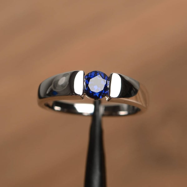 sapphire ring September birthstone round cut gemstone sterling silver solitaire wedding ring