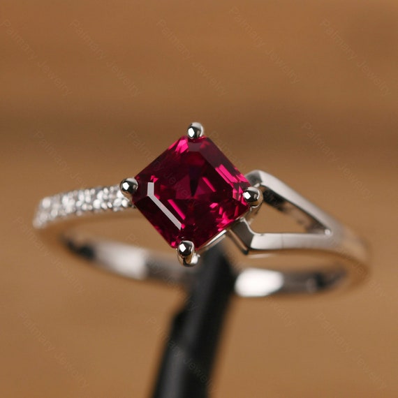 9ct Yellow Gold Created Ruby Asscher & Heart Cubic Zirconia Cut Ring