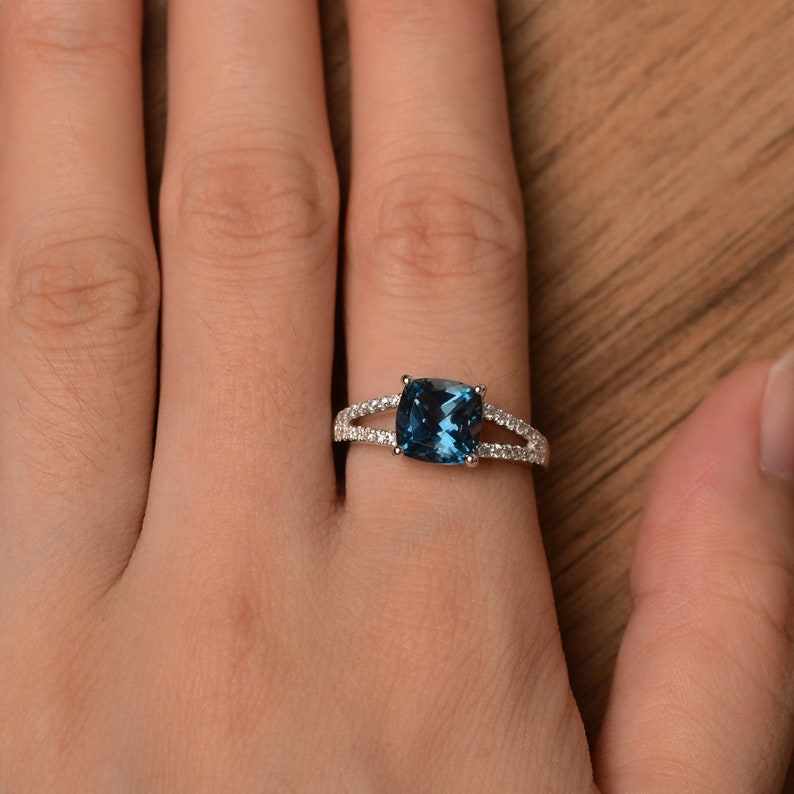 London Blue Topaz Ring Cushion Cut Gemstone Promise Sterling Etsy