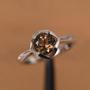round shaped 7 mm smoky quartz ring sterling silver rose promise ring for women