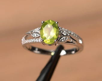 Natural peridot ring, August birthstone green stone oval cut gemstone silver ring