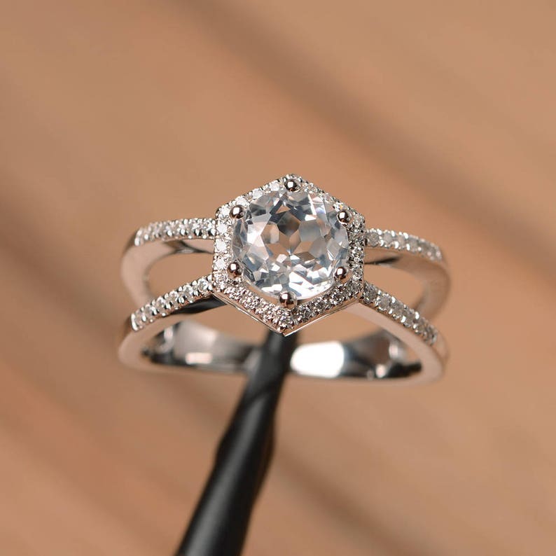 Natural white topaz ring round cut white gold anniversary ring | Etsy