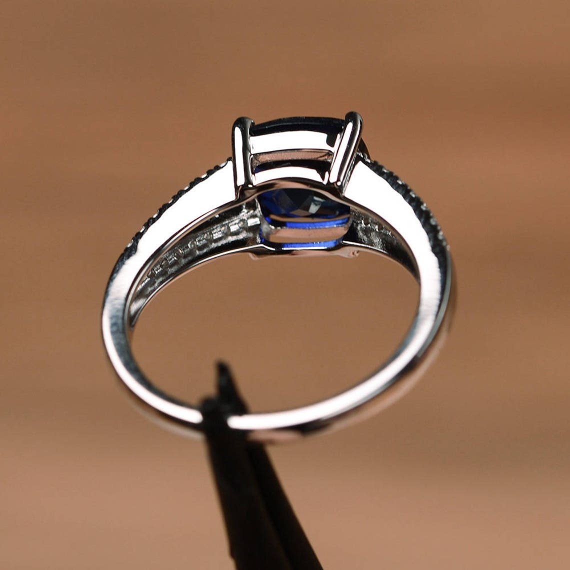 Sapphire Ring Cushion Cut Engagement Ring Blue Gemstone Etsy