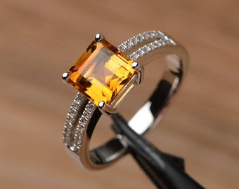 genuine natural citrine ring engagement promise ring square cut sterling silver ring November Birthstone ring