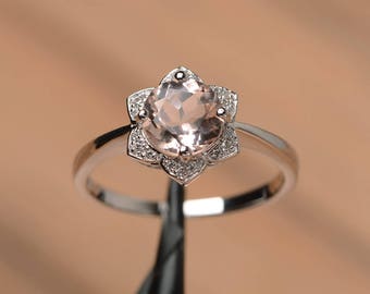 natural genuine pink morganite ring engagement wedding ring sterling silver round cut gemstone ring sunflower ring