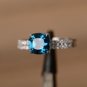 engagement ring London blue topaz ring stacking ring promise ring for her cushion cut sterling silver image 2
