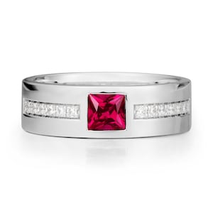 14K White Gold Minimalist Princess Cut Lab Ruby Wide Band July Birthstone Half Eternity CZs Ring Gift for Men and Women