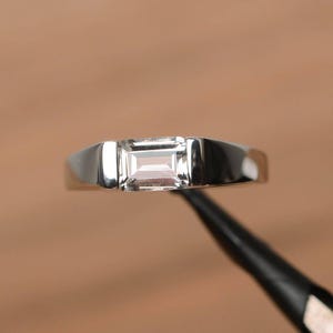 real white topaz statement ring emerald cut horizontal ring November birthstone solid silver