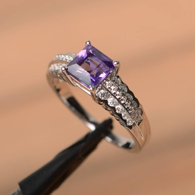 natural amethyst ring wedding ring February birthstone square cut gems purple gemstone sterling silver ring
