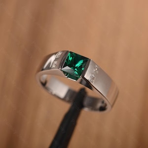 Engagement ring for men vintage emerald ring May birthstone princess cut plain band men rings
