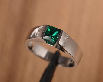 Engagement ring for men vintage emerald ring May birthstone princess cut plain band men rings