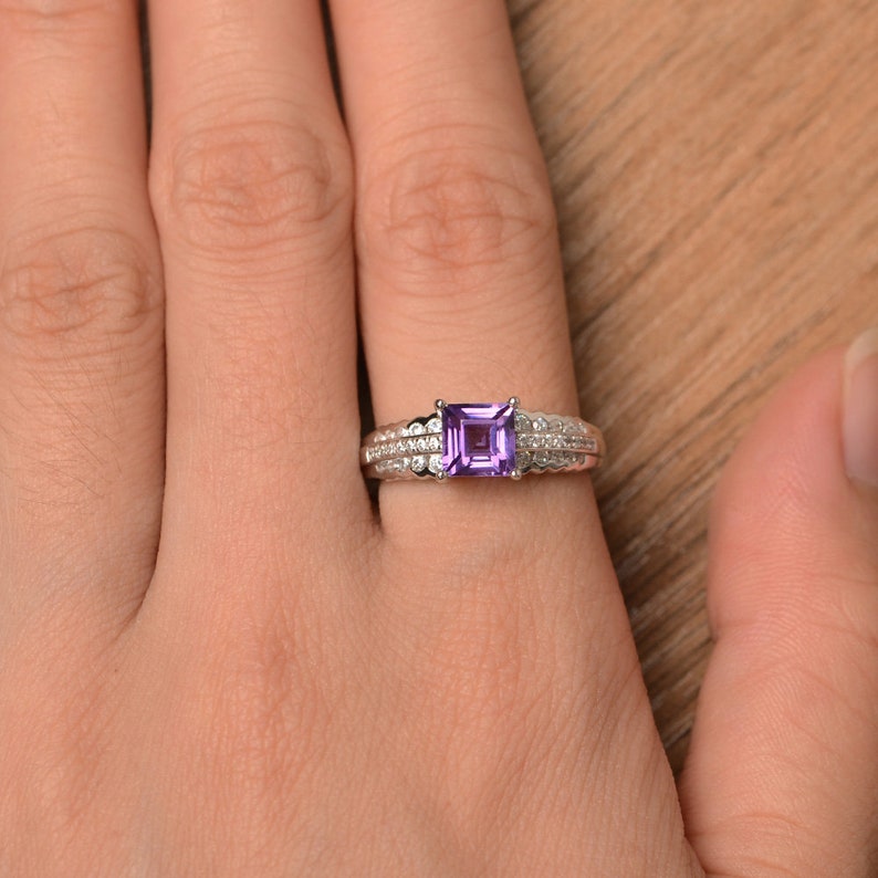 natural amethyst ring wedding ring February birthstone square cut gems purple gemstone sterling silver ring
