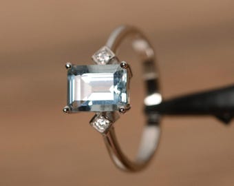 Aquamarine ring March birthstone ring sterling silver engagement ring emerald cut natural gemstone promise ring