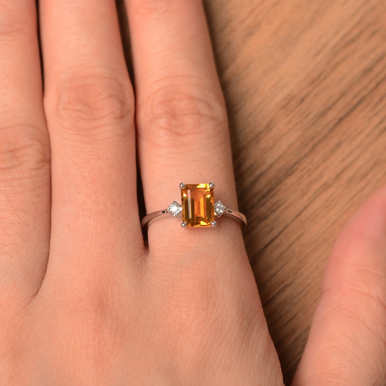 Natural Citrine Ring Wedding Ring Emerald Cut Yellow Gemstone Etsy
