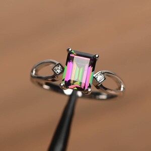 rainbow topaz ring mystic topaz ring cocktail party ring emerald cut rainbow gemstone sterling silver