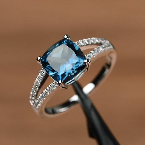 London Blue Topaz Ring Cushion Cut Gemstone Promise Sterling Etsy