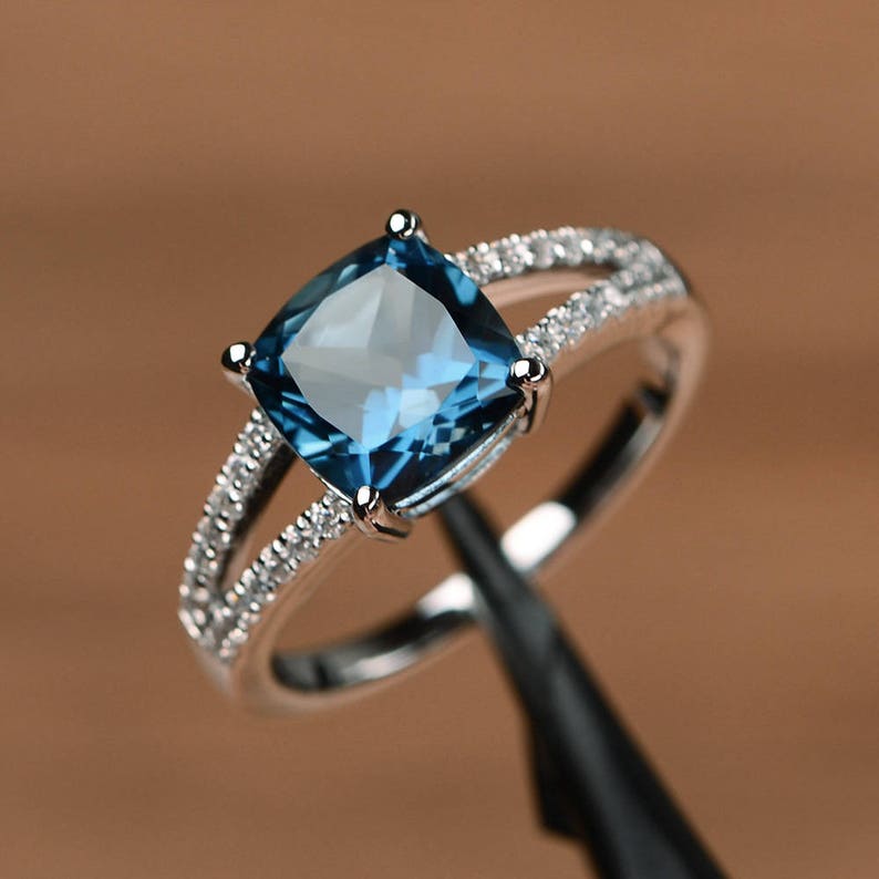 London Blue Topaz Ring Cushion Cut Gemstone Promise Sterling - Etsy