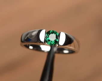 emerald ring emerald wedding ring round cut green gemstone sterling silver gifts May birthstone